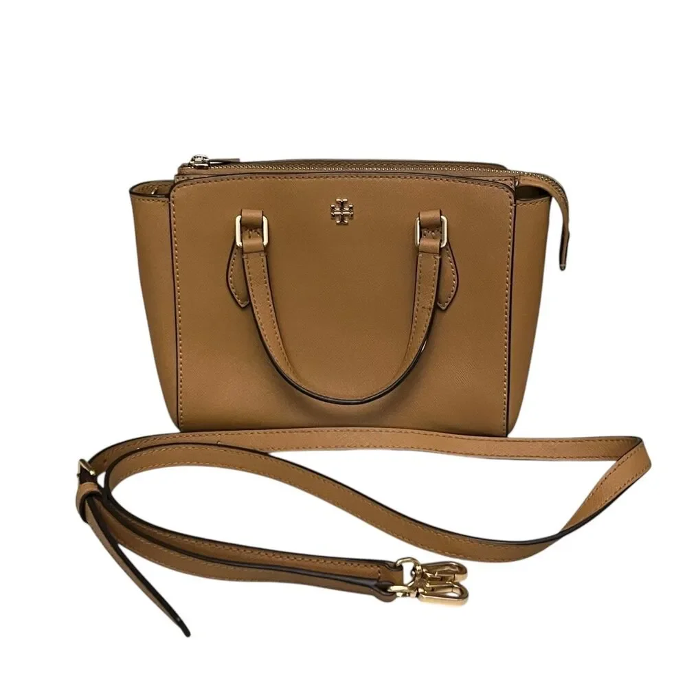 Tory Burch Emerson Mini Top Zip Tote Saffiano Leather Camel Crossbody Satchel